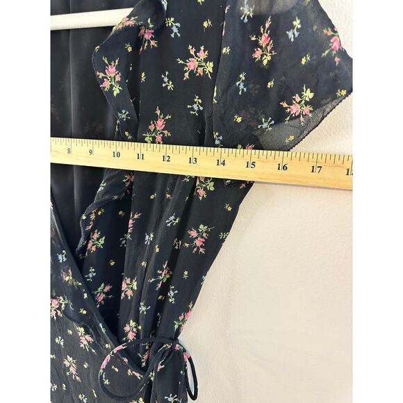 Ann Taylor Vintage 90s Floral Midi Black Silk Wrap Dress Whimsy Cottagecore Sz 4 - Picture 6 of 7